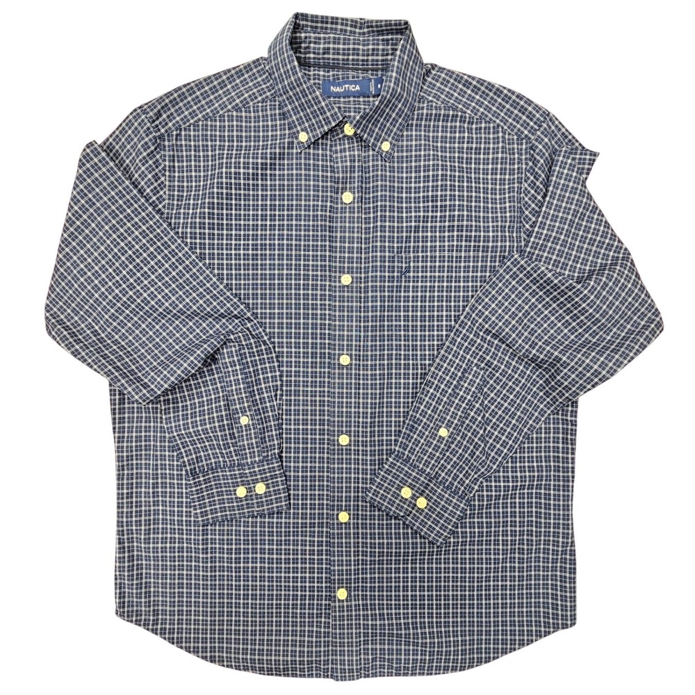 Nautica Mens Navy Blue White Grid Check Plaid Button Down Shirt M Long Sleeve